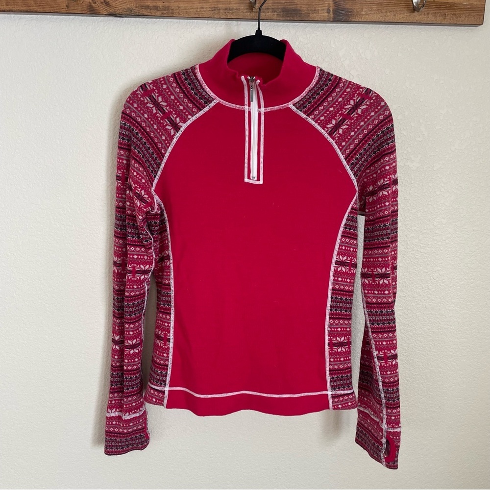 100% Merino Wool Fair Isle 1/4 Zip Baselayer Womens S Red Outdoor Hiking Camping